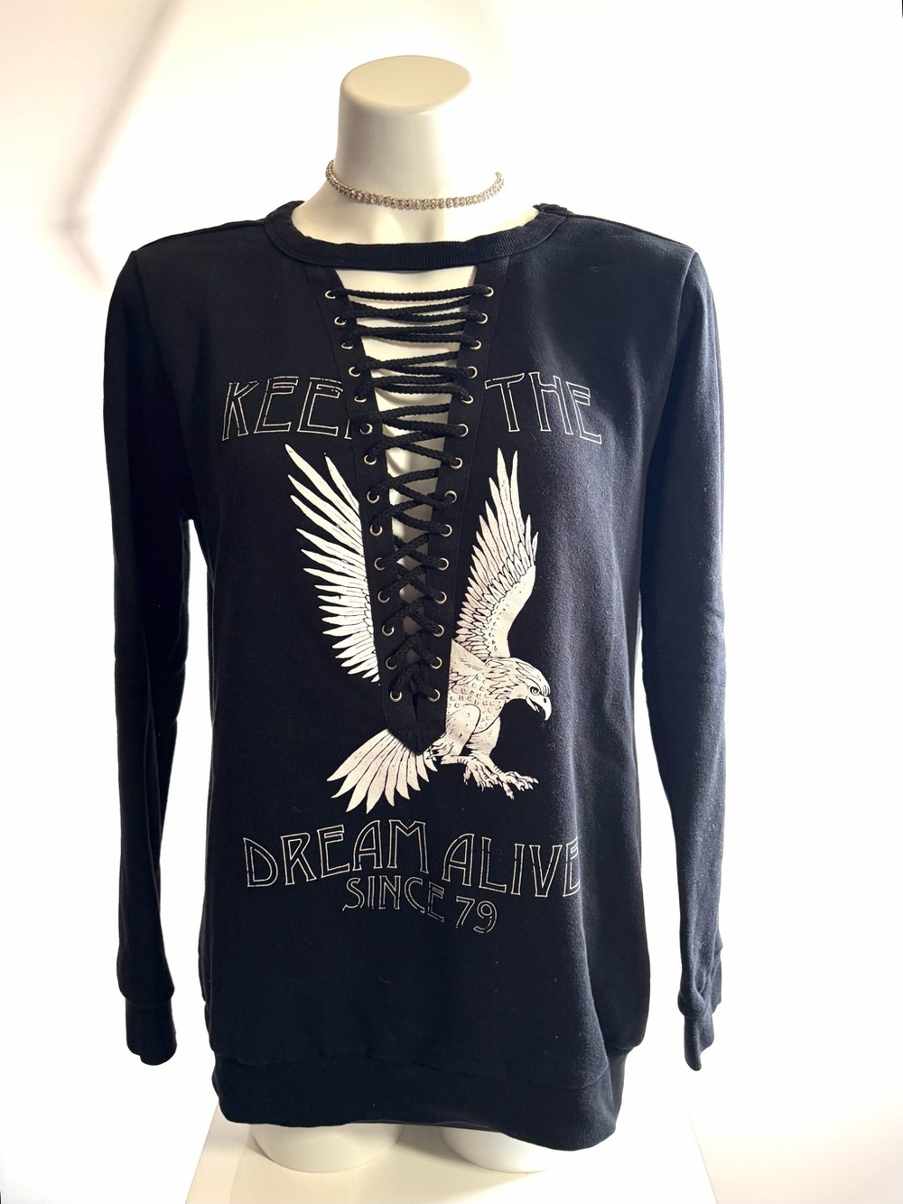 Forever 21 Black Lace-Up Eagle Graphic Sweatshirt
